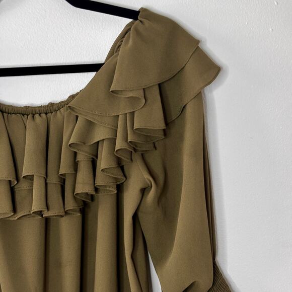 MISA Los Angeles Women’s Ruffle Off Shoulder Blouse Olive Green Size Small - Picture 2 of 16